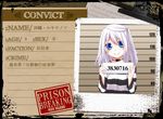  blue_eyes blush character_name child choker long_hair looking_at_viewer mugshot partially_translated pixiv_no_ankokugai prison_clothes shizutani side_ponytail smile solo striped translation_request white_hair 
