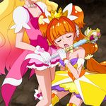  amanogawa_kirara bad_id bad_pixiv_id bare_shoulders blonde_hair blush bow choker closed_eyes cure_flora cure_twinkle gloves go!_princess_precure gradient_hair haruno_haruka highres licking long_hair magical_girl mont_blanc_(heartcatch_ayaya) multicolored_hair multiple_girls open_mouth orange_hair pink_bow pink_hair precure red_hair sexually_suggestive twintails two-tone_hair white_gloves 