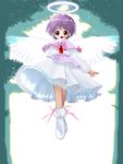 :d commentary_request floating halo kitsupon open_mouth original purple_hair red_eyes short_hair smile solo transparent_wings tree 