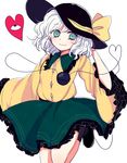  bianco_(mapolo) bow eyeball frills green_eyes hat hat_bow heart heart_of_string komeiji_koishi leg_up long_sleeves looking_at_viewer shirt short_hair silver_hair simple_background skirt smile solo string third_eye touhou white_background wide_sleeves 