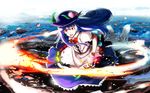  blue_hair food fruit hat hinanawi_tenshi long_hair open_mouth peach puffy_short_sleeves puffy_sleeves red_eyes shirt short_sleeves sinzan skirt slashing smile solo sword_of_hisou touhou very_long_hair wallpaper 