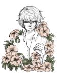  absurdres arm_at_side arm_up bangs buttons closed_mouth collared_shirt commentary death_note doodlebozo english_commentary expressionless flower greyscale hair_between_eyes highres holding monochrome muted_color near pink_flower shirt simple_background upper_body white_background white_shirt white_skin wing_collar 