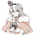  1girl 2019 braid breasts cape cloak closed_mouth corset cropped_torso crown flower french_braid fur-trimmed_cape fur_trim hair_between_eyes hair_ornament hair_over_one_eye hairband jewelry kantai_collection long_hair looking_at_viewer medium_breasts mini_crown monochrome necklace ribbon rose signature simple_background smile solo upper_body warspite_(kantai_collection) white_background yamada_rei_(rou) 