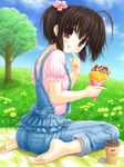  :p ahoge aoi_akua barefoot blush brown_hair coffee crepe day denim drinking_straw feet food frills grass hair_ornament hairclip looking_back outdoors overalls purple_eyes short_hair short_sleeves sitting sky smile soles solo to_heart_2 toes tongue tongue_out tree twintails yuzuhara_konomi 