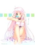  absurdres anceril_sacred barefoot blush dress error feet food green_eyes hair_flaps highres long_hair looking_at_viewer mishima_kurone mouth_hold one_eye_closed original popsicle scan shirokami_project sitting solo strap_slip toe_scrunch twitter_username very_long_hair white_hair wrong_feet 