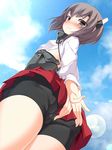  arms_behind_back ass bike_shorts blue_sky blush brown_hair cameltoe cloud day from_behind from_below hakama_skirt headband headgear kantai_collection looking_at_viewer military military_uniform noumin pleated_skirt red_skirt short_hair skirt sky solo taihou_(kantai_collection) uniform 