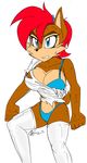  2015 akatsukishiranui-fox annoyed anthro belt big_breasts bipedal blue_eyes breasts chipmunk cleavage clothed clothing eyelashes female frown hair jeans mammal red_hair rodent sally_acorn solo sonic_(series) torn_clothing 