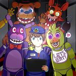  animatronic avian bear bird blue_eyes bonnie_(fnaf) bow_tie canine chica_(fnaf) chicken eye_patch eyewear female five_nights_at_freddy&#039;s fox foxy_(fnaf) freddy_(fnaf) glowing glowing_eyes golden_freddy_(fnaf) hat hook human humanoid lagomorph machine male mammal mechanical mike_schmidt mintytm purple_eyes rabbit robot tablet top_hat video_games yellow_eyes 