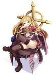  blonde_hair boots bow bracer cagliostro_(granblue_fantasy) cape chin_rest crossed_legs granblue_fantasy grin headgear highres knee_boots long_hair momo_(higanbana_and_girl) panties pink_eyes sitting skirt skirt_lift smile solo thighhighs throne underwear 