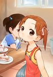  artist_name brown_eyes brown_hair cake cream cream_on_face denim denim_skirt flat_chest food food_on_face fork fruit hair_bobbles hair_ornament hair_ribbon ichigo_mashimaro itou_chika looking_at_viewer matsuoka_miu mouth_hold multiple_girls orz orz_(orz57) plate ribbon shirt short_hair short_twintails sitting skirt slice_of_cake solo_focus strawberry strawberry_shortcake suspenders t-shirt table tank_top twintails 