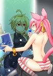  ahoge animal_ears arc_system_works ass ayu_minori back bare_shoulders blazblue blonde_hair bodysuit breasts brown_eyes candy cat_ears cat_tail from_behind hair_ribbon kokonoe lambda-11 lollipop long_hair machine multiple_girls multiple_tails open_mouth panties pince-nez pink_eyes pink_hair ponytail ribbon single_braid tail thighhighs topless underwear very_long_hair wariza 