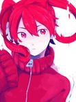  alternate_color bad_id bad_pixiv_id bangs colored_eyelashes digital_dissolve ene_(kagerou_project) headphones highres jacket kagerou_project long_sleeves looking_away nukoasa red_eyes red_hair simple_background sleeves_past_wrists solo track_jacket zipper 