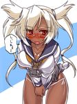  anchor blonde_hair blush breasts chain cleavage cosplay dark_skin glasses hakkai highres kantai_collection large_breasts leaning_forward long_hair musashi_(kantai_collection) no_pants open_mouth pointy_hair red_eyes shirt_tug solo tokitsukaze_(kantai_collection) tokitsukaze_(kantai_collection)_(cosplay) translated two_side_up wavy_mouth 