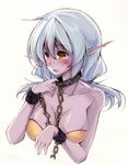  bare_shoulders blue_hair blush breasts brown_eyes bustier chain collar cuffs elf elf_slave_(maullarmaullar) large_breasts long_hair low_twintails maullarmaullar original pointy_ears purple_skin shackles slave solo twintails upper_body 