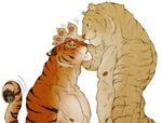  2014 abs annoyed anthro black_fur brown_fur claws duo eye_contact feline fur half-closed_eyes half-length_portrait hybrid koutou_(artist) liger male mammal manly muscles nipples orange_fur patting_head pawpads paws pecs pink_nose plain_background raised_arm red_nose ripped size_difference smile standing stripes tiger toned white_fur 