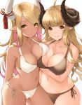  2girls anila_(granblue_fantasy) bangs bare_arms bare_shoulders bikini black_bikini blonde_hair blunt_bangs blush breast_press breasts cameltoe closed_mouth collarbone commentary_request cowboy_shot curled_horns dark_skin earrings erect_nipples eyebrows_visible_through_hair granblue_fantasy groin highres horn_ribbon horns jewelry koretsuki_azuma kuvira_(granblue_fantasy) large_breasts long_hair looking_at_viewer multicolored_hair multiple_girls navel pink_hair pointy_ears ribbon sanpaku side-by-side side-tie_bikini sidelocks simple_background smile standing stomach swept_bangs swimsuit symmetrical_docking tassel thick_eyebrows thighs two-tone_hair very_long_hair wavy_hair white_background white_bikini yellow_eyes 
