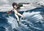  asashio_(kantai_collection) backpack bag black_hair blue_eyes gun highres kantai_collection koutarou_(plusdrive) long_hair missile slingshot_swimsuit splashing swimsuit turret water weapon 