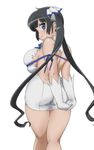  arms_behind_back ass back backboob backless_outfit bangs bare_back bare_shoulders black_hair blue_eyes blue_ribbon blunt_bangs blush breasts dress dungeon_ni_deai_wo_motomeru_no_wa_machigatteiru_darou_ka hands_clasped hestia_(danmachi) highres kneepits large_breasts long_hair looking_at_viewer mage_(harumagedon) no_bra own_hands_together rei_no_himo ribbon sleeveless sleeveless_dress smile solo thick_thighs thighs twintails 