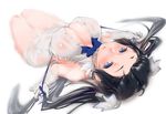  absurdres afukuro bad_id bad_pixiv_id bare_shoulders black_hair blue_eyes blurry blush breasts cleavage covered_nipples depth_of_field dungeon_ni_deai_wo_motomeru_no_wa_machigatteiru_darou_ka dutch_angle eyelashes gloves hair_ribbon hestia_(danmachi) highres large_breasts long_hair looking_at_viewer lying on_back open_mouth parted_lips rei_no_himo ribbon shiny simple_background skindentation solo thighs twintails very_long_hair white_background white_gloves 