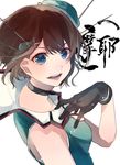  bare_shoulders black_gloves blue_eyes brown_hair character_name choker collarbone gloves hair_ornament hand_on_own_chest hat hat_ribbon highres kantai_collection maya_(kantai_collection) mini_hat miwano_ragu open_mouth remodel_(kantai_collection) ribbon short_hair sleeveless solo upper_body 