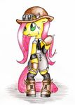  2015 clothed clothing conbudou equine female fluttershy_(mlp) friendship_is_magic fur green_eyes hair horse invalid_color mammal my_little_pony pegasus pink_hair pink_tail plain_background pony shaking solo steampunk sweat traditional_media_(artwork) wings yellow_fur 