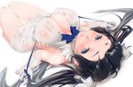 absurdres afukuro bad_id bad_pixiv_id black_hair blue_eyes breasts cleavage dungeon_ni_deai_wo_motomeru_no_wa_machigatteiru_darou_ka gloves hestia_(danmachi) highres large_breasts long_hair lying on_back parted_lips rei_no_himo ribbon simple_background skindentation solo thighs twintails white_background white_gloves 