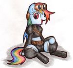  2015 blue_fur clothed clothing conbudou equine female friendship_is_magic fur hair horse looking_at_viewer mammal multicolored_hair my_little_pony plain_background pony rainbow_dash_(mlp) rainbow_hair rainbow_tail red_eyes sitting solo steampunk traditional_media_(artwork) 