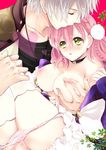  1girl amiko_(frostedchocolate) atelier_(series) atelier_escha_&amp;_logy bad_id bad_pixiv_id blush braid breast_grab breasts breasts_outside choker closed_eyes couple escha_malier grabbing green_eyes hetero highres jewelry large_breasts logix_ficsario necklace nipples panties pink_hair pussy_juice short_hair thighhighs twintails underwear white_hair white_legwear 