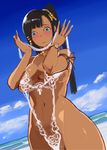  beach black_hair blue_eyes blue_nails blush bracelet breasts cleavage dark_skin day hair_ornament jewelry large_breasts mole mole_under_eye nail_polish navel open_mouth original ponytail shoohee side_ponytail slingshot_swimsuit solo sweatdrop swimsuit white_swimsuit 