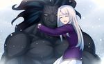  1girl berserker black_hair dark_skin fate/stay_night fate_(series) hug illyasviel_von_einzbern kotera_ryou long_hair snowing white_hair yellow_eyes 