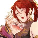  1girl :t armlet bare_shoulders bindi blush braid breast_pillow breasts brown_eyes earrings facial_mark fire_emblem fire_emblem:_kakusei fire_emblem:_seima_no_kouseki forehead_mark full-face_blush hoop_earrings hug jewelry lips lipstick long_hair lowres makeup male_my_unit_(fire_emblem:_kakusei) medium_breasts my_unit_(fire_emblem:_kakusei) nail_polish red_hair shocked_eyes short_hair silver_hair single_braid sweatdrop tethys tusia 