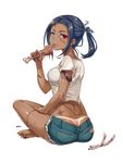  barefoot black_hair blue_eyes bone bra_strap cannibalism dark_skin denim denim_shorts dimples_of_venus earrings eating food from_behind heterochromia highres holding holding_bone jewelry looking_back meat off_shoulder original otosume_ruiko ponytail red_eyes scar short_shorts shorts sitting solo stitches strap_slip tan tanline torn_clothes zombie 