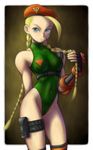  bare_hips bare_shoulders beret blonde_hair blue_eyes braid cammy_white collarbone covered_navel fingerless_gloves gloves green_leotard groin gunspike hat highleg highleg_leotard highres impossible_clothes leotard long_hair revision scar solo street_fighter thigh_pouch twin_braids yamada_ichirou 