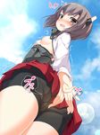  arms_behind_back ass bike_shorts blue_sky blush breasts brown_hair cameltoe check_translation cloud day fart from_behind from_below hakama_skirt headband headgear kantai_collection looking_at_viewer military military_uniform nipples noumin pleated_skirt red_skirt short_hair skirt sky small_breasts smell solo taihou_(kantai_collection) translation_request uniform 