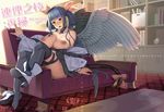  ankle_boots blue_hair boot_removed boots breasts choker couch dizzy guilty_gear huge_breasts long_hair nipples ookami_ryousuke red_eyes single_boot sitting solo sweat tail thighhighs twintails very_long_hair wings 