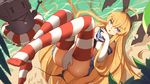  ahoge ass baisi_shaonian beach black_panties blonde_hair covering covering_crotch elbow_gloves gloves hairband highres innertube kantai_collection long_hair looking_at_viewer lying no_shoes on_back open_mouth outdoors panties pleated_skirt rensouhou-chan sailor_collar shimakaze_(kantai_collection) skirt solo striped striped_legwear thighhighs torn_clothes torn_panties underwear water white_gloves 