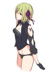  black_gloves black_panties blonde_hair bow bow_panties breasts butterfly_tattoo cleavage cropped_legs gloves hair_ribbon kurowa orange_eyes panties purple_ribbon ribbon sheri short_hair simple_background small_breasts solo tattoo underwear unlight white_background 
