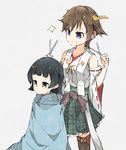  arare_(kantai_collection) bangs black_hair blue_eyes blunt_bangs brown_eyes brown_hair detached_sleeves hiei_(kantai_collection) kantai_collection multiple_girls nontraditional_miko ooyama_imo scissors short_hair skirt sparkle 
