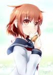 brown_eyes brown_hair dated eating food hair_ornament hairclip highres ice_cream ice_cream_cone ikazuchi_(kantai_collection) kantai_collection looking_at_viewer short_hair soft_serve solo tsubasa_(abchipika) twitter_username 