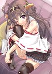  ahoge brown_hair detached_sleeves hairband heart heart-shaped_pupils japanese_clothes kantai_collection kongou_(kantai_collection) long_hair looking_at_viewer nontraditional_miko one_eye_closed panties purple_eyes sata_(sat) sitting smile solo symbol-shaped_pupils thighhighs underwear white_panties wide_sleeves 