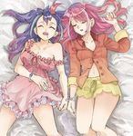  atlantic_salmon bed blue_hair bracelet bracelet_girls collarbone frills hair_down highres hiiragi_yuzu jewelry long_hair lying midriff multicolored_hair multiple_girls navel nightgown off_shoulder pink_hair saliva serena_(yuu-gi-ou_arc-v) siblings sisters sleeping sleepwear strap_slip twins two-tone_hair yuu-gi-ou yuu-gi-ou_arc-v 