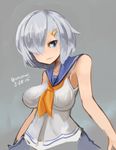  arceonn blue_eyes breasts hair_ornament hair_over_one_eye hairclip hamakaze_(kantai_collection) highres kantai_collection large_breasts school_uniform serafuku short_hair silver_hair sleeveless solo upper_body 