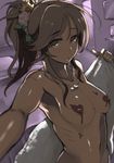  bed breasts brown_hair chocolate chocolate_on_breasts dark_skin hair_ornament jewelry looking_at_viewer navel necklace nipples original parted_lips ponytail shoohee small_breasts solo yellow_eyes 