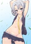  :&lt; armpits arms_up blue_eyes breasts gloves groin kantai_collection looking_at_viewer midriff navel necktie nowaki_(kantai_collection) open_clothes open_shirt panties panty_pull sata_(sat) shirt silver_hair skirt skirt_pull small_breasts solo underwear white_panties yellow_neckwear 