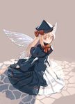  1girl black_dress blonde_hair bow capelet dress fairy_wings frown hair_bow hat lily_black lily_white long_dress long_hair long_sleeves looking_at_viewer solo touhou wings yamamomo_(plank) 