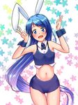  alternate_costume animal_ears bare_shoulders blue_hair blush bunny_ears double_v floral_background kantai_collection long_hair looking_at_viewer midriff open_mouth samidare_(kantai_collection) solo tennen_buri v very_long_hair wrist_cuffs 