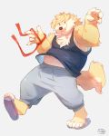  2018 5_fingers 5_toes anthro canine clothing dog footwear front_view fur grey_background hi_res male mammal navel o-ro sandals shirt simple_background slightly_chubby solo sweatpants tank_top toes tongue tongue_out yellow_fur 