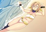  1girl absurdres armpits beach bikini brown_hair character_request elf female glasses highres kyoukaisenjou_no_horizon lying on_back open_mouth pointy_ears ryou_homare sand solo swimsuit water 