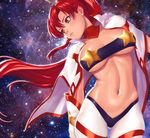  alternate_costume bandeau bikini_top blush breasts cleavage detached_collar hair_ornament highres large_breasts long_hair navel pasties ponytail red_hair seeker_(shzyu) solo space_yoko star star_pasties starry_background strapless tengen_toppa_gurren_lagann underboob yellow_eyes yoko_littner 