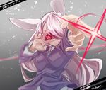  1girl animal_ears artist_name bunny_ears colored_eyelashes covering_one_eye dated english glowing glowing_eye gradient gradient_background jacket lavender_hair long_hair long_sleeves looking_at_viewer outstretched_arm red_eyes reiga_(act000) reisen_udongein_inaba smirk solo teeth text touhou v vest 